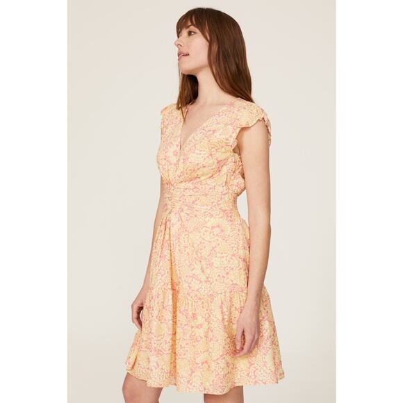 Derek Lam Paisley Floral Flare Yellow & Pink 100% Cotton Mini Dress size 4 - Picture 2 of 12